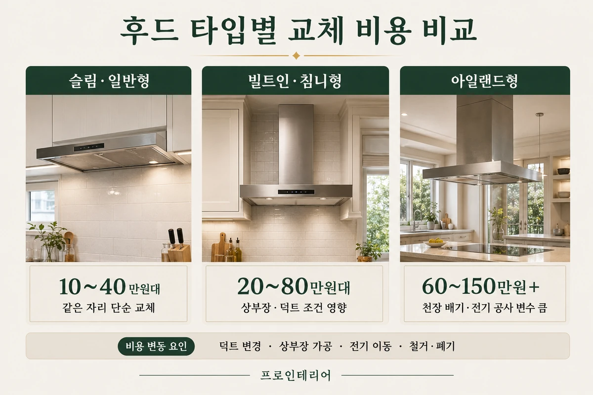 슬림 일반형 빌트인 침니형 아일랜드형 주방 후드 교체 비용 비교