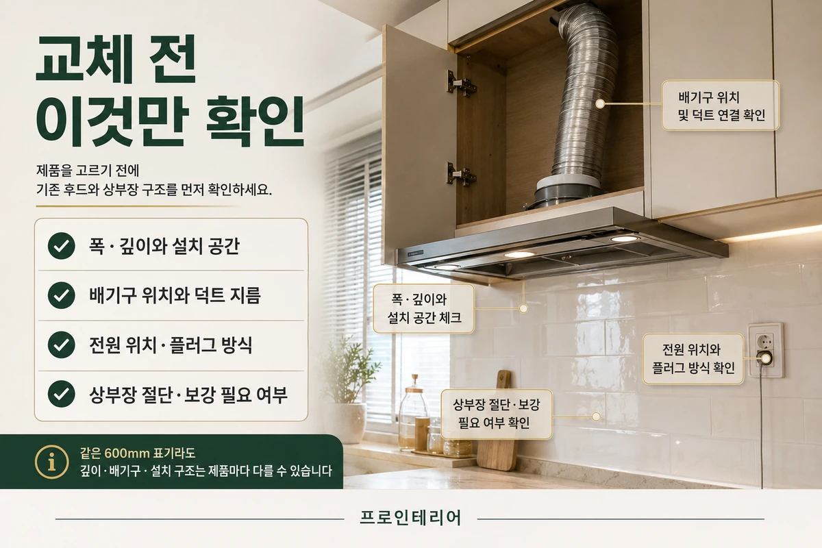 상부장 내부 덕트와 전원 위치를 보여주는 주방 후드 교체 전 체크리스트