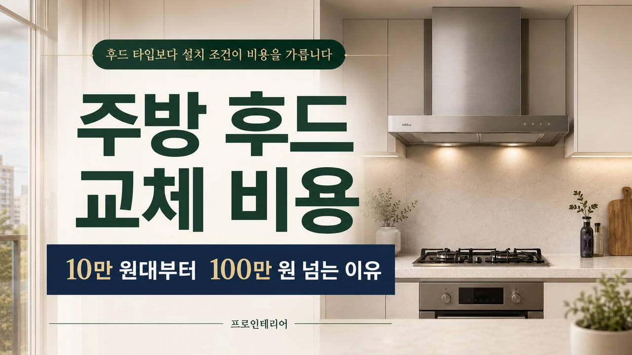 현대적인 주방에 설치된 레인지후드와 주방 후드 교체 비용 안내 문구