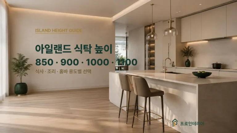 아일랜드 식탁 높이 선택 문구와 의자 두 개가 배치된 주방 이미지