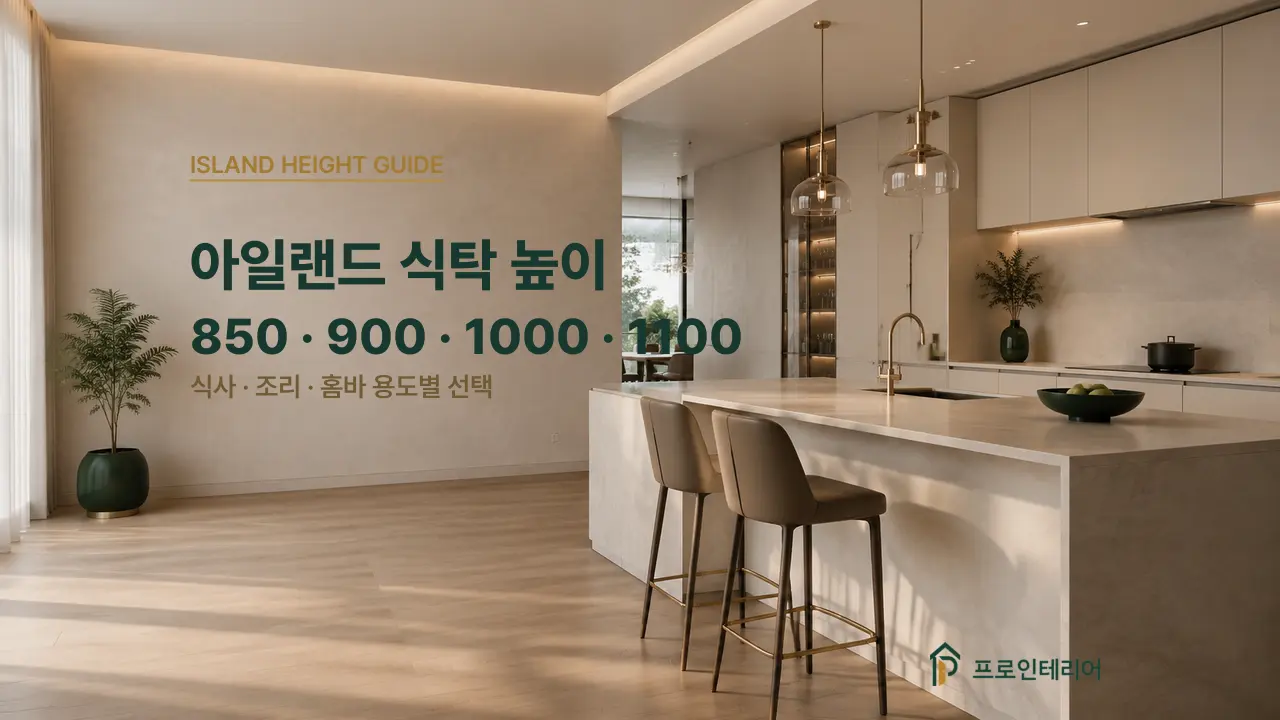 아일랜드 식탁 높이 선택 문구와 의자 두 개가 배치된 주방 이미지