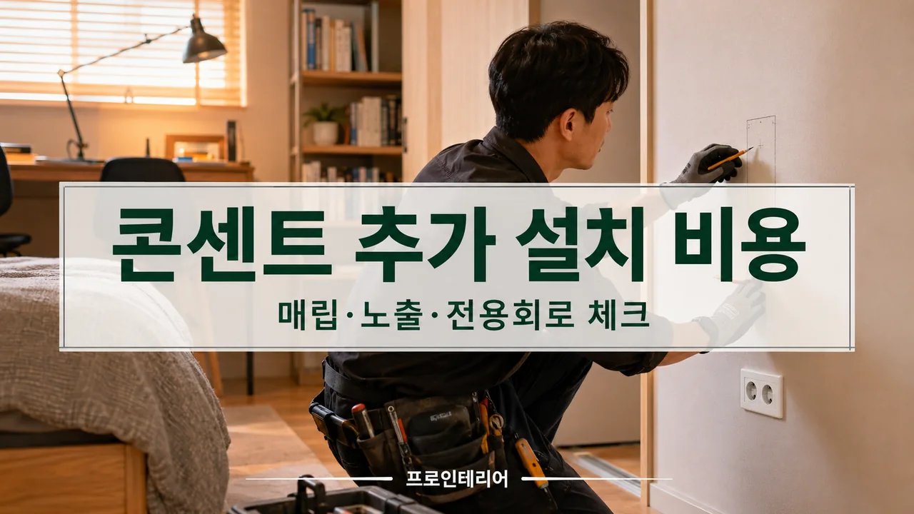 아파트 거실 벽에 새 콘센트 위치를 표시하고 전기공사를 준비하는 이미지