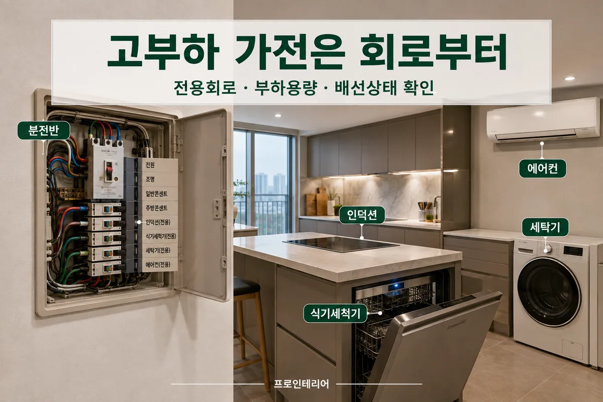 주방 가전과 에어컨 콘센트 증설 전 분전반 회로와 소비전력을 확인하는 이미지