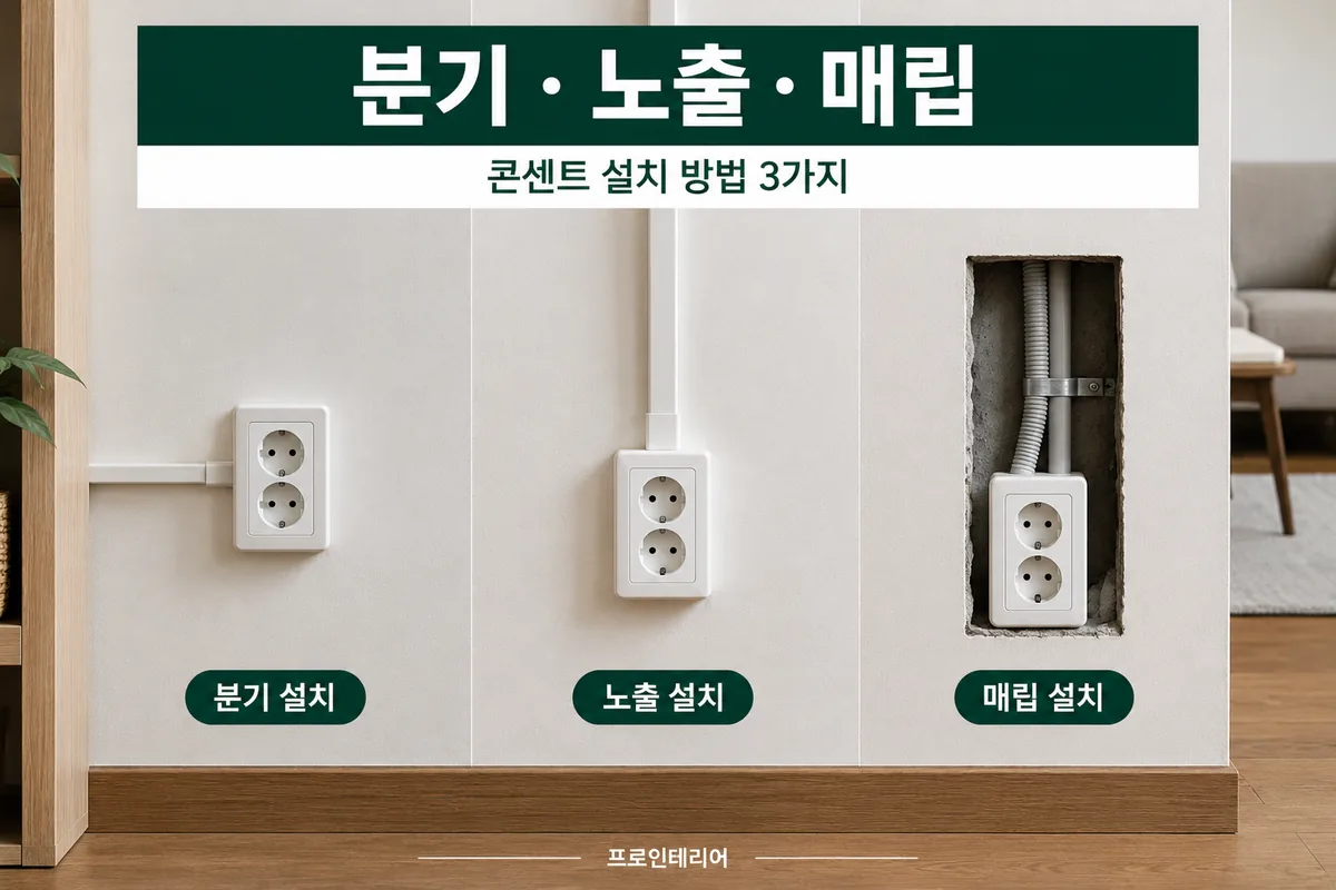 기존 콘센트 분기 노출 배선 경량벽 매립 콘크리트 벽 매립 방식의 차이를 설명하는 이미지