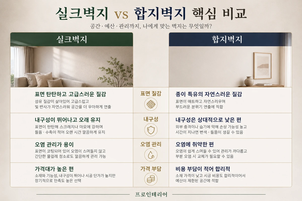 실크벽지와 합지벽지의 질감 내구성 오염 관리 비용을 비교한 인포그래픽