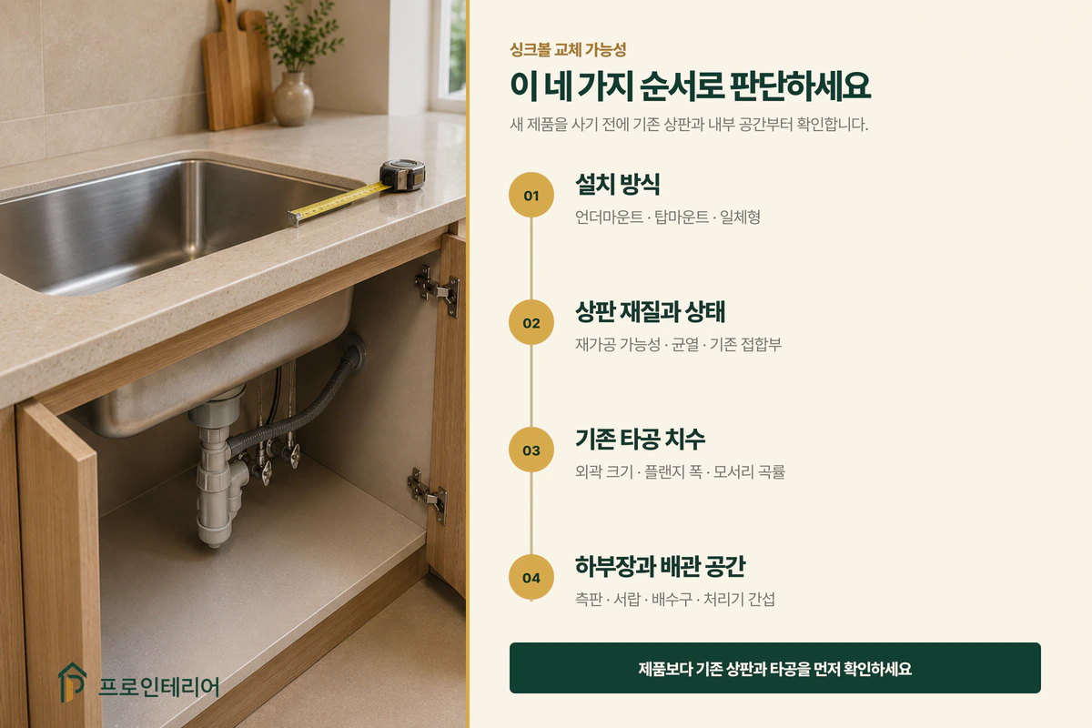 싱크볼 교체 가능성을 설치 방식 상판 타공 하부장 순서로 판단하는 네 단계 안내