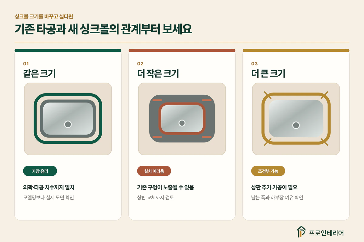 기존 싱크볼과 같은 크기 작은 크기 큰 크기로 교체할 때의 가능성과 주의사항 비교