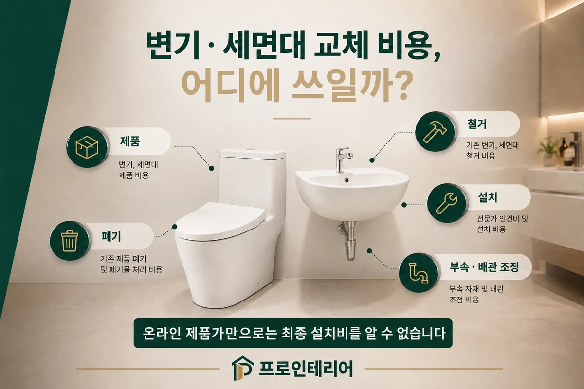 양변기 세면대 부분 교체 비용을 제품 철거 설치 폐기 부속 비용으로 나눈 안내 이미지