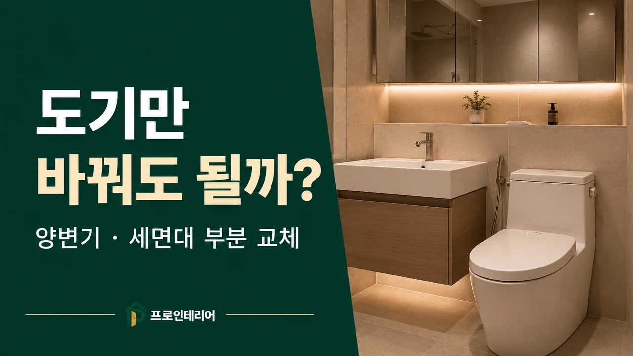욕실 전체 철거 없이 양변기와 세면대 부분 교체를 설명하는 아파트 욕실 이미지