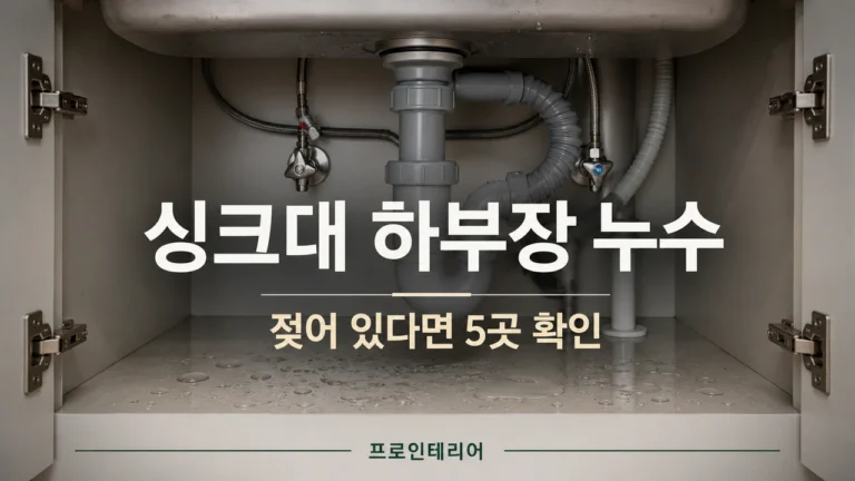물이 맺힌 싱크대 하부장 내부와 배수구 배수호스가 보이는 누수 점검 이미지