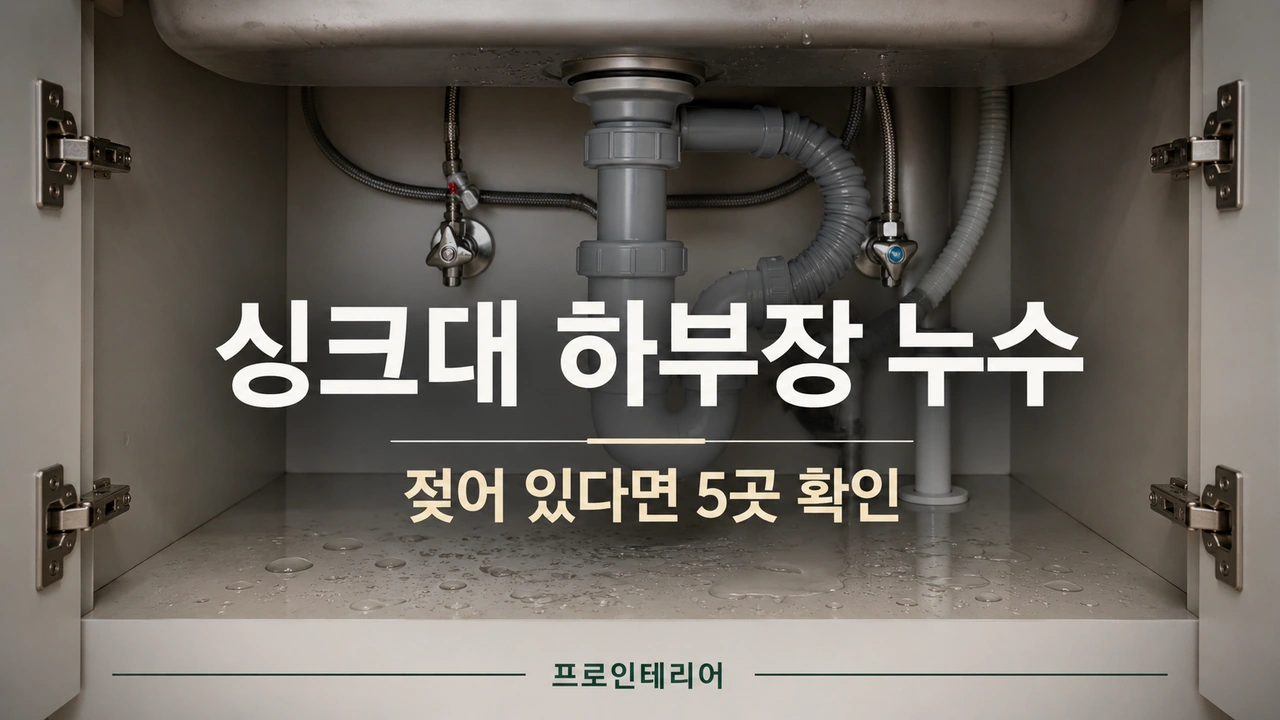 물이 맺힌 싱크대 하부장 내부와 배수구 배수호스가 보이는 누수 점검 이미지