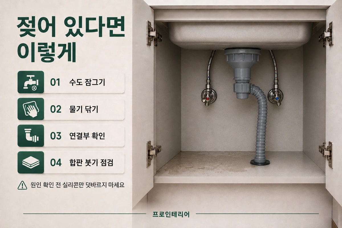 싱크대 하부장이 젖었을 때 수도를 잠그고 물기를 닦은 뒤 연결부와 합판 부풀음을 확인하는 순서를 보여주는 이미지