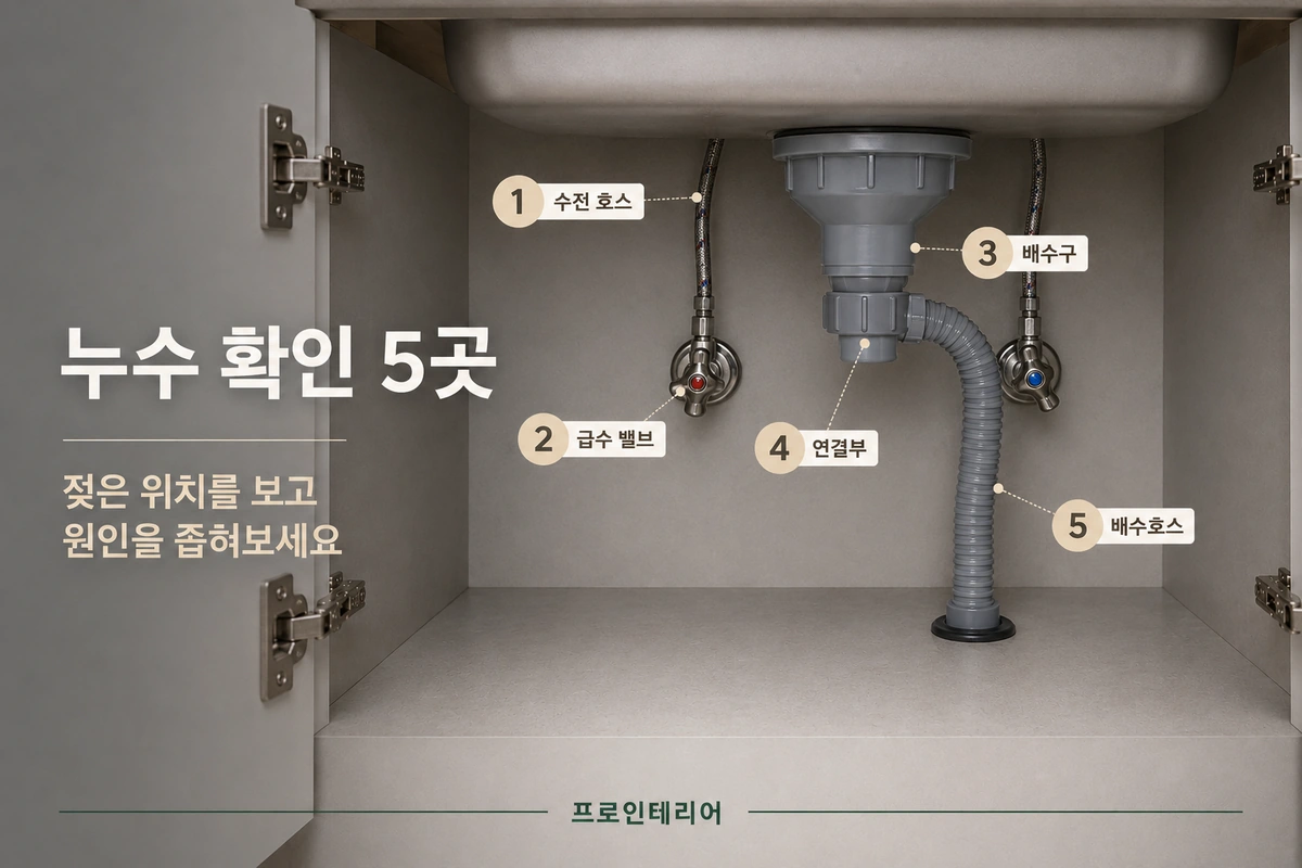 싱크대 하부장에서 수전 호스 급수 밸브 배수구 연결부 배수호스 다섯 곳을 표시한 누수 점검 이미지