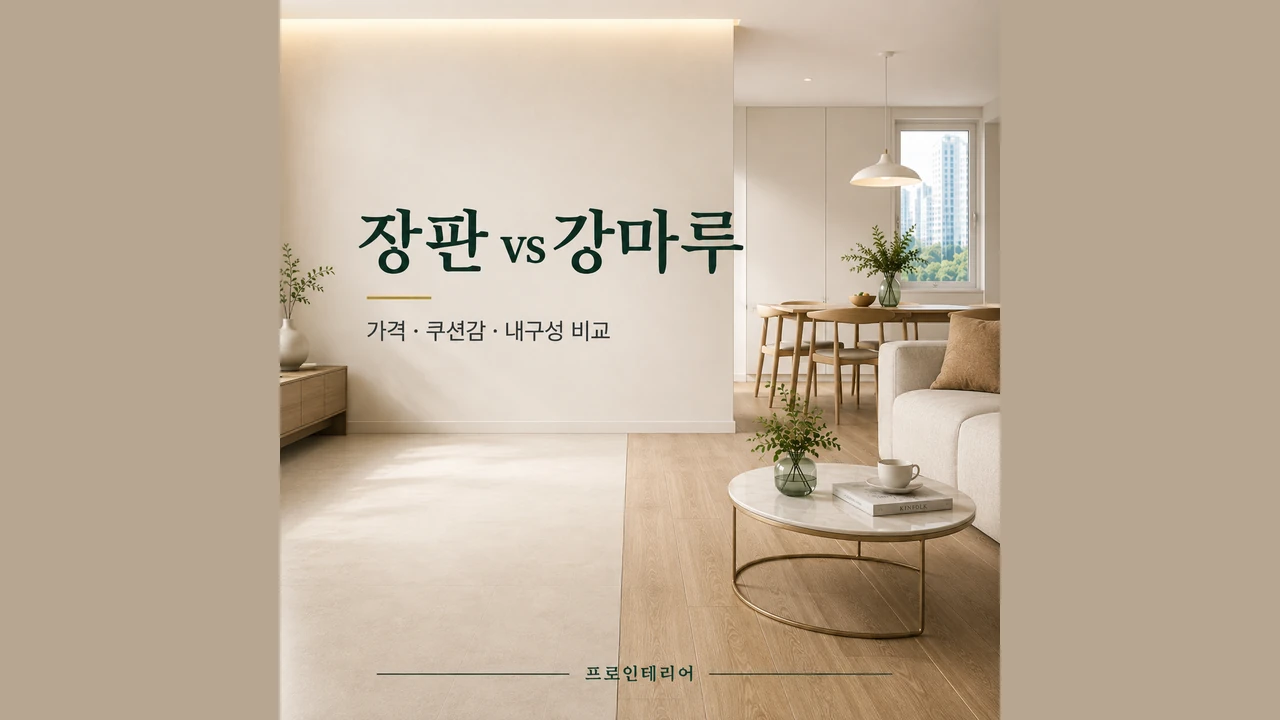 장판과 강마루 바닥 공간에 가격·쿠션감·내구성 비교 문구가 있는 대표 이미지