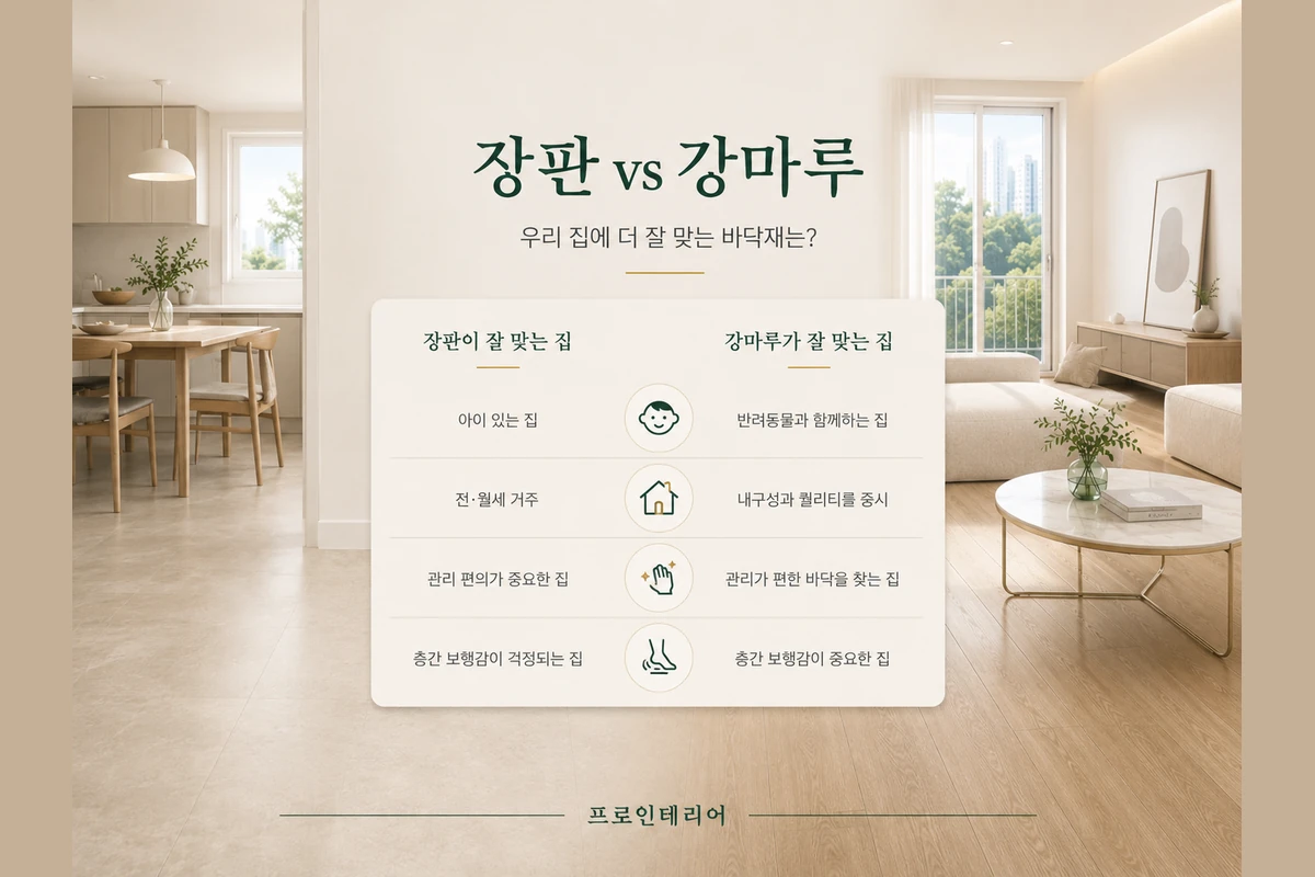 아이, 반려동물, 거주 형태, 관리 편의와 보행감에 따른 장판·강마루 선택 기준 이미지