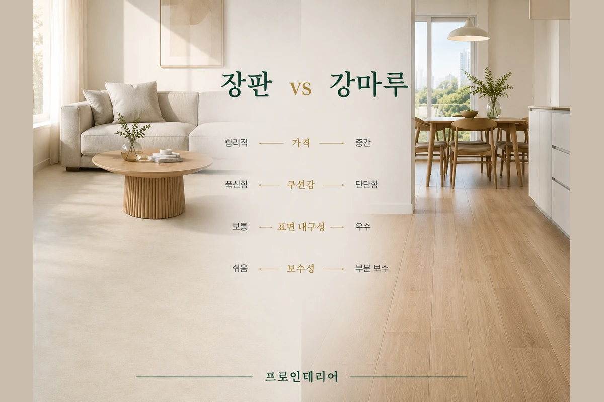 장판과 강마루의 가격, 쿠션감, 표면 내구성, 보수성을 비교한 이미지