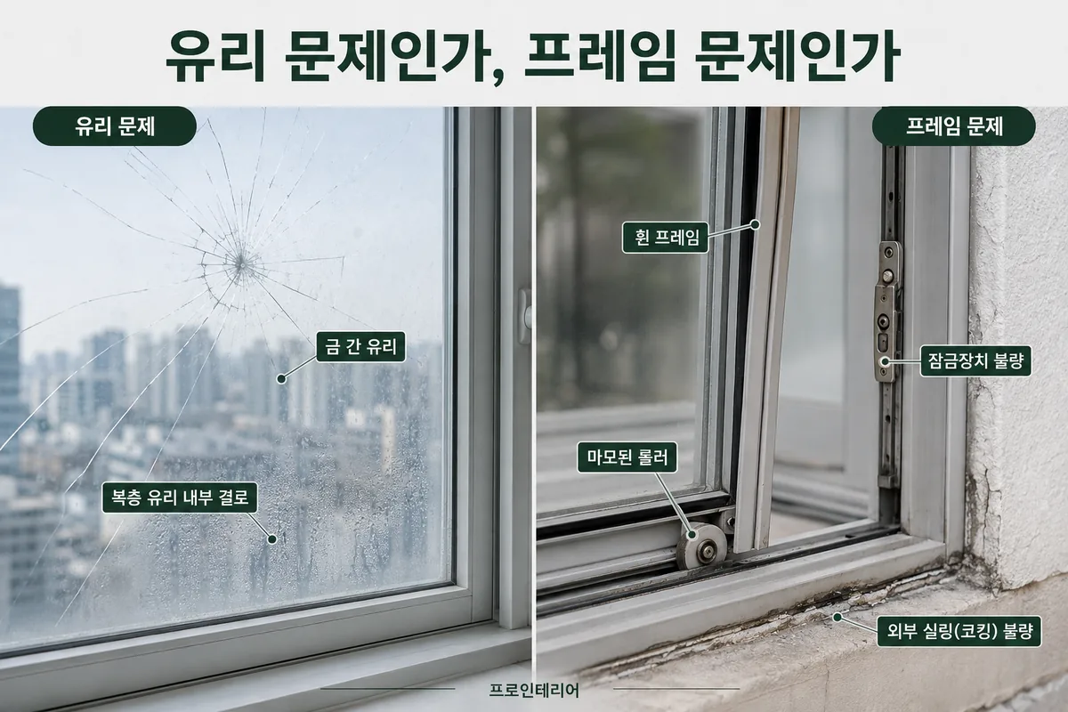 창유리 파손과 프레임 변형 롤러 잠금 코킹 상태를 비교해 유리만 교체 가능한지 판단하는 이미지