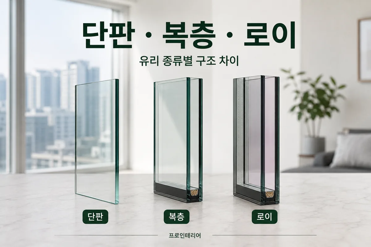 단판유리 복층유리 로이 복층유리의 단면 구조 차이를 설명하는 이미지