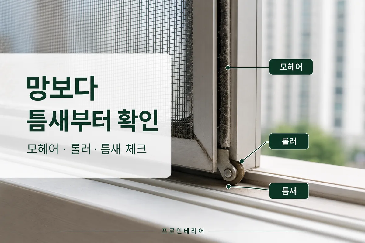 방충망 프레임과 모헤어 틈새 롤러 상태를 확인하는 창틀 디테일 이미지