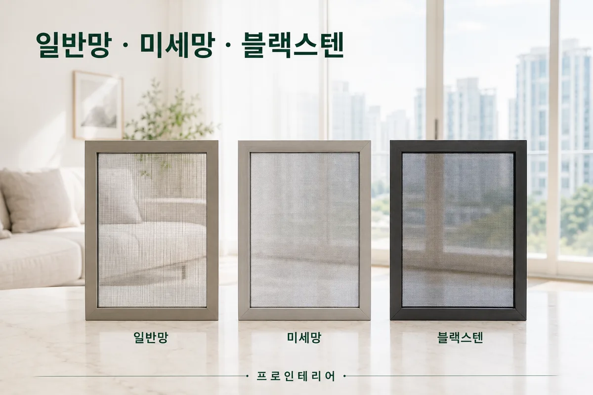 일반 방충망과 미세방충망 블랙스텐 방충망의 망 질감과 시야 차이를 비교하는 이미지