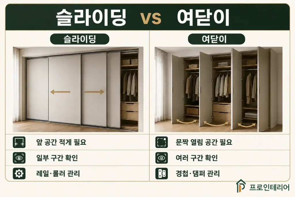 붙박이장 슬라이딩과 여닫이 도어 장단점 비교