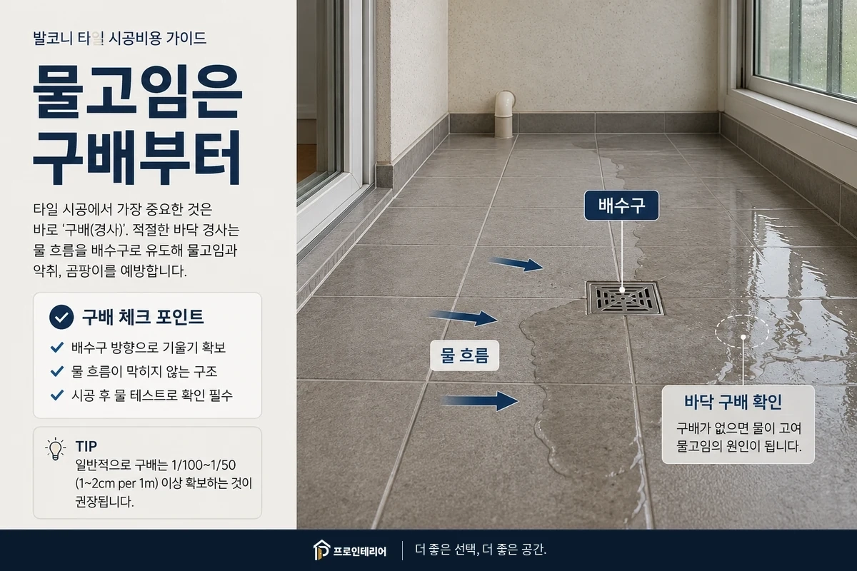 베란다 배수구 주변 타일의 물 흐름과 바닥 구배를 확인하는 이미지