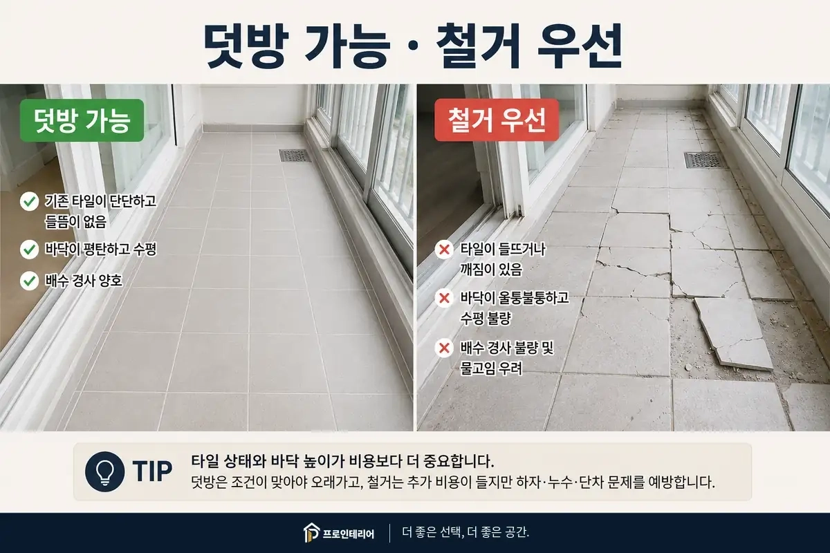 단단한 기존 타일 위 덧방 가능 상태와 들뜬 타일을 철거해야 하는 상태를 비교하는 이미지