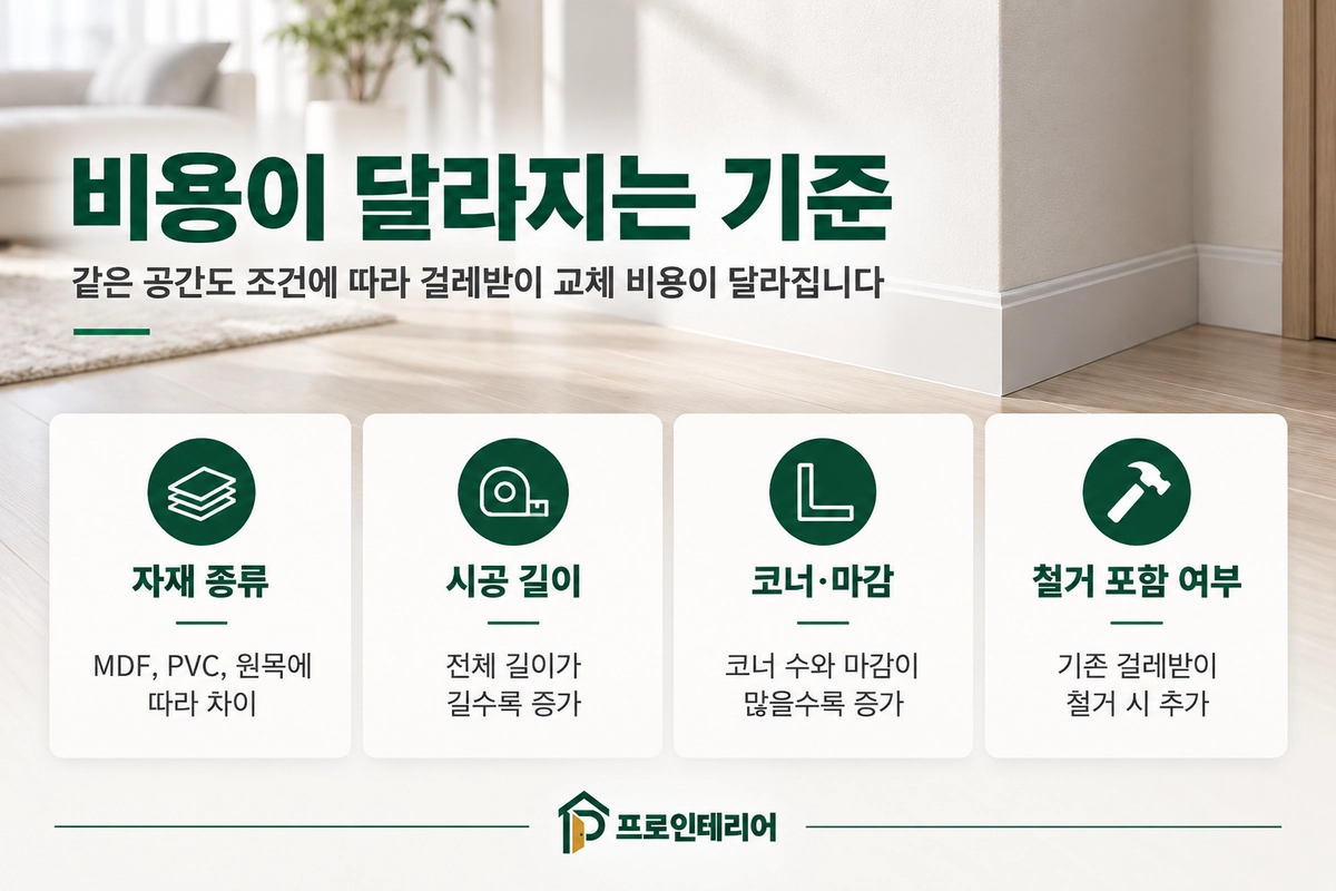 걸레받이 교체 비용이 부분 시공과 마감 조건에 따라 달라지는 기준을 정리한 이미지