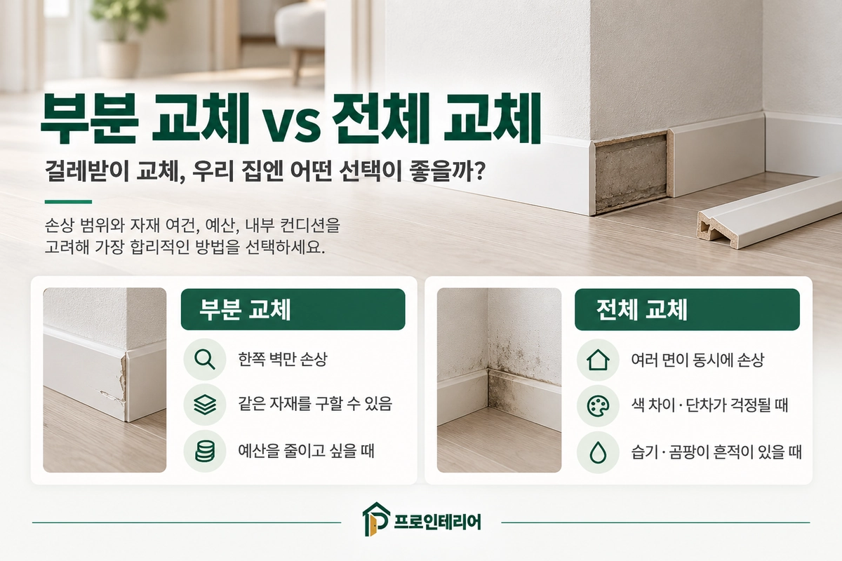 걸레받이 부분 교체와 전체 교체의 차이를 비교한 이미지