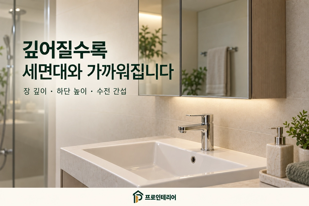 거울장 측면 깊이와 세면대 수전 사이 여유 공간