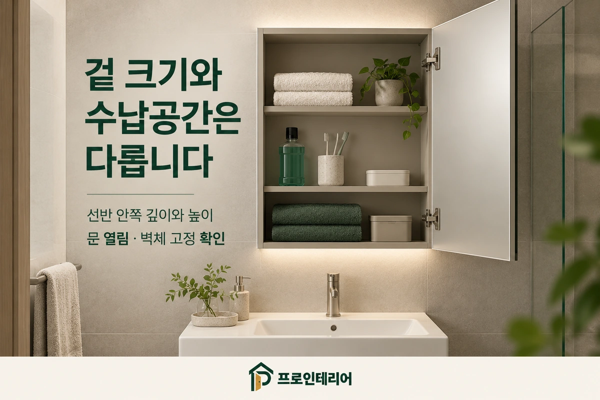 문을 연 욕실 거울장의 내부 선반과 수납공간