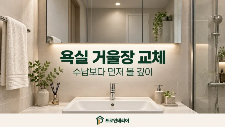 욕실 거울장과 세면대 배치 및 장 깊이 확인 안내