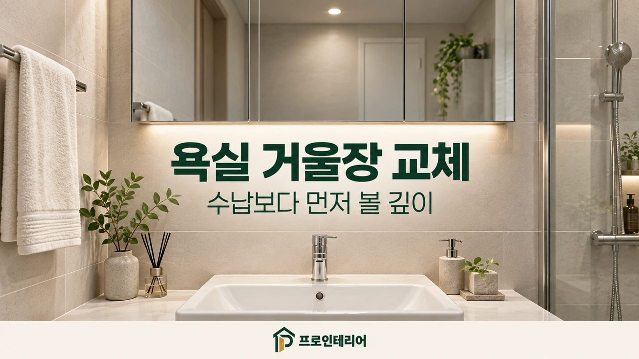 욕실 거울장과 세면대 배치 및 장 깊이 확인 안내