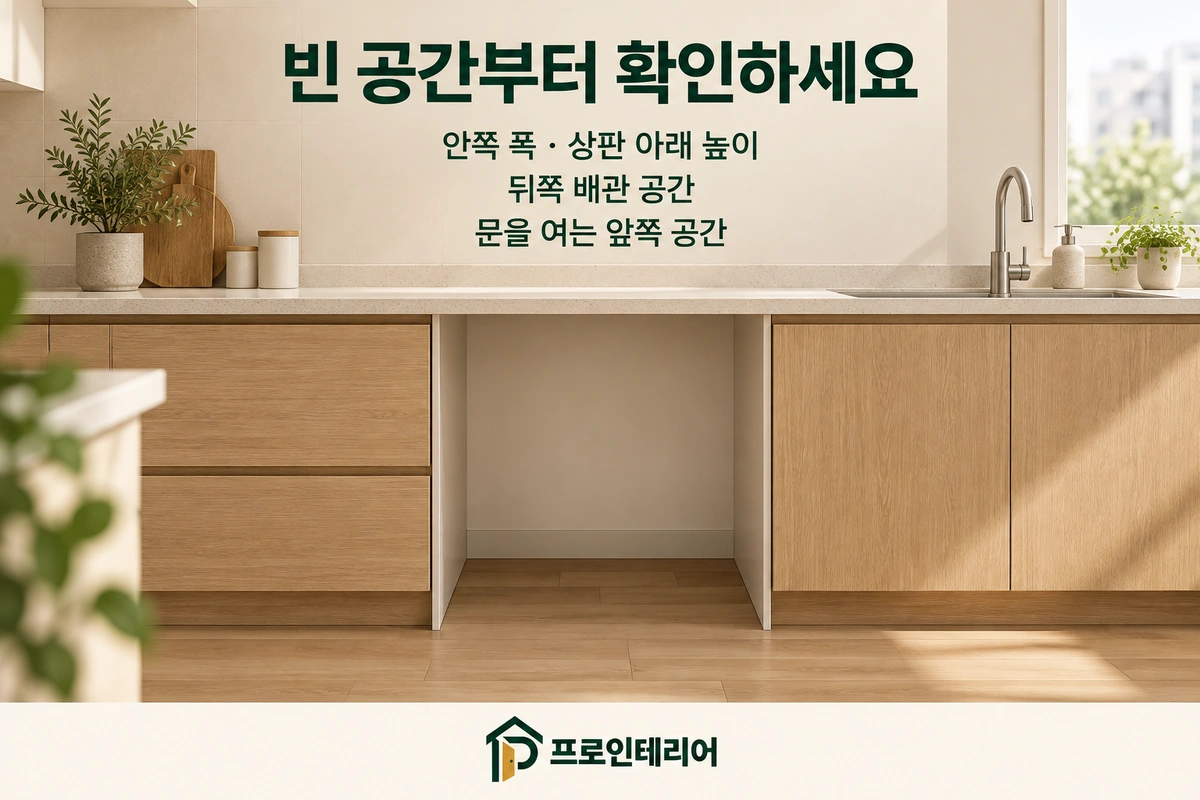싱크대 하부의 식기세척기 설치 공간과 실측 확인 항목