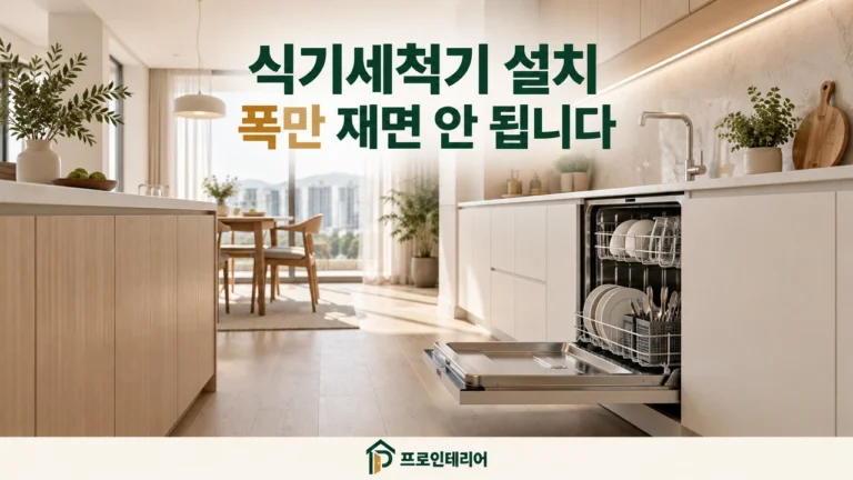 문을 연 빌트인 식기세척기와 앞쪽 통로를 보여주는 주방 예시