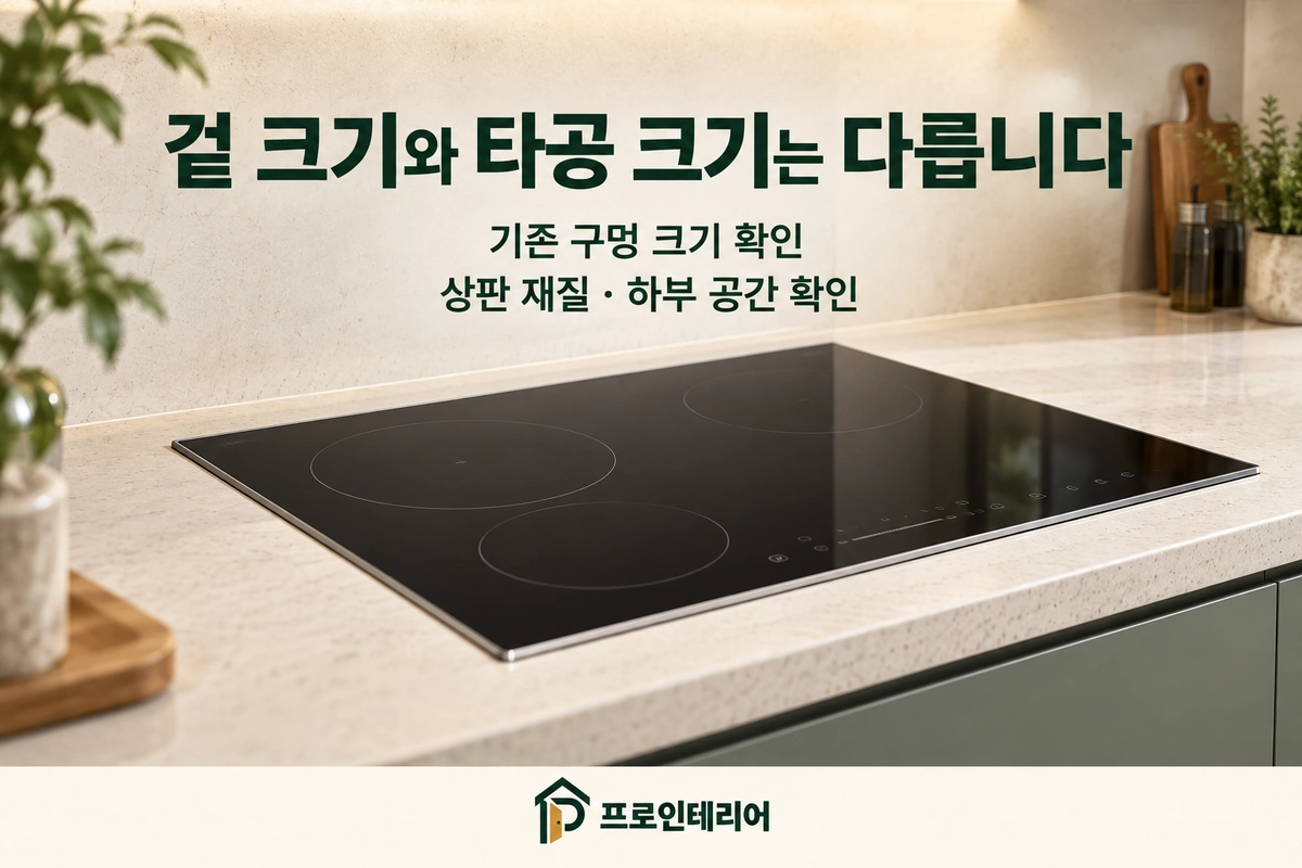 인덕션 유리 상판의 외형 크기와 타공 크기 확인 안내