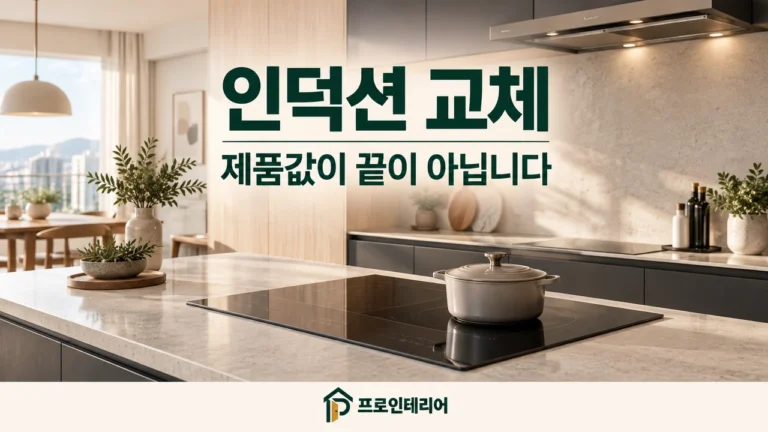 인덕션 교체 시 제품값 외 설치비 확인을 안내하는 주방 이미지