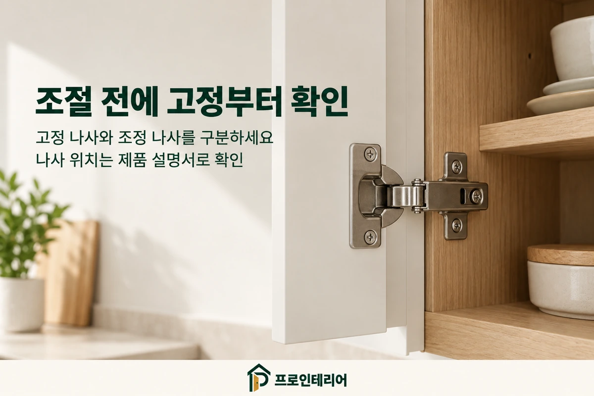 열린 싱크대 문짝의 경첩과 고정 나사·조정 나사 구분 안내