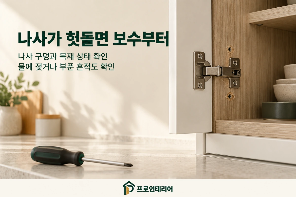 경첩 주변 목재의 나사 구멍과 나사 헛돎·수분 손상 점검 안내