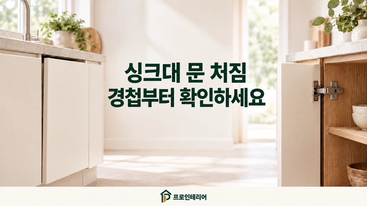 싱크대 문과 경첩이 보이는 주방의 문 처짐 점검 안내