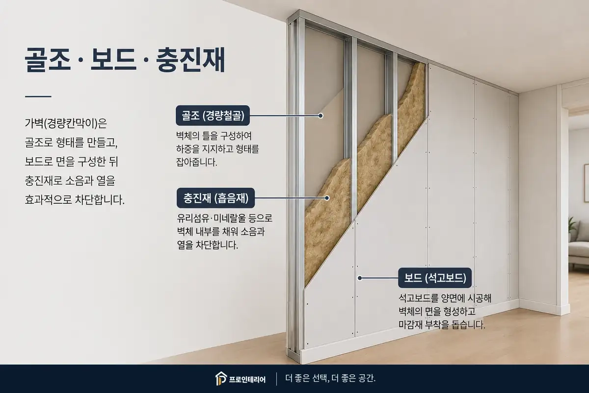목공 각재 또는 경량 스틸스터드와 석고보드 차음재로 구성된 가벽 단면을 설명하는 이미지