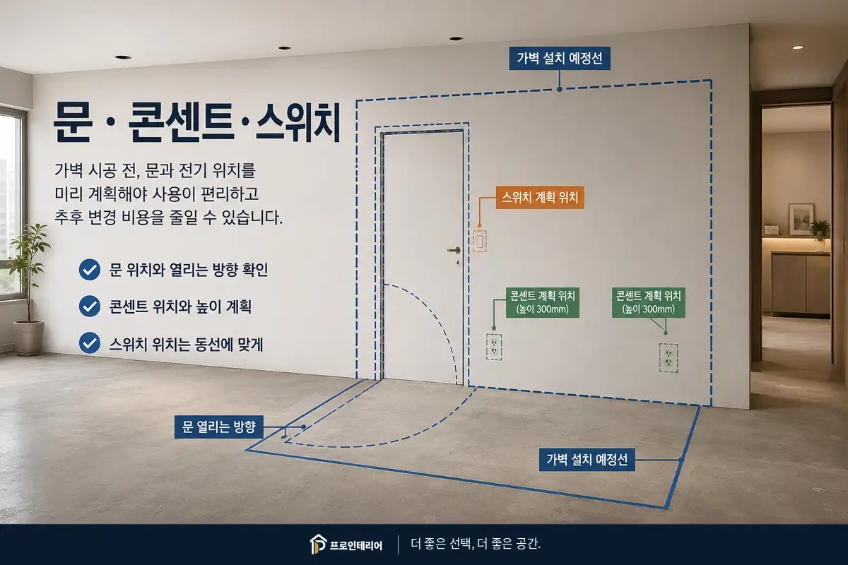 가벽 시공 전 방문 열림 방향과 콘센트 스위치 위치를 바닥에 표시해 계획하는 모습