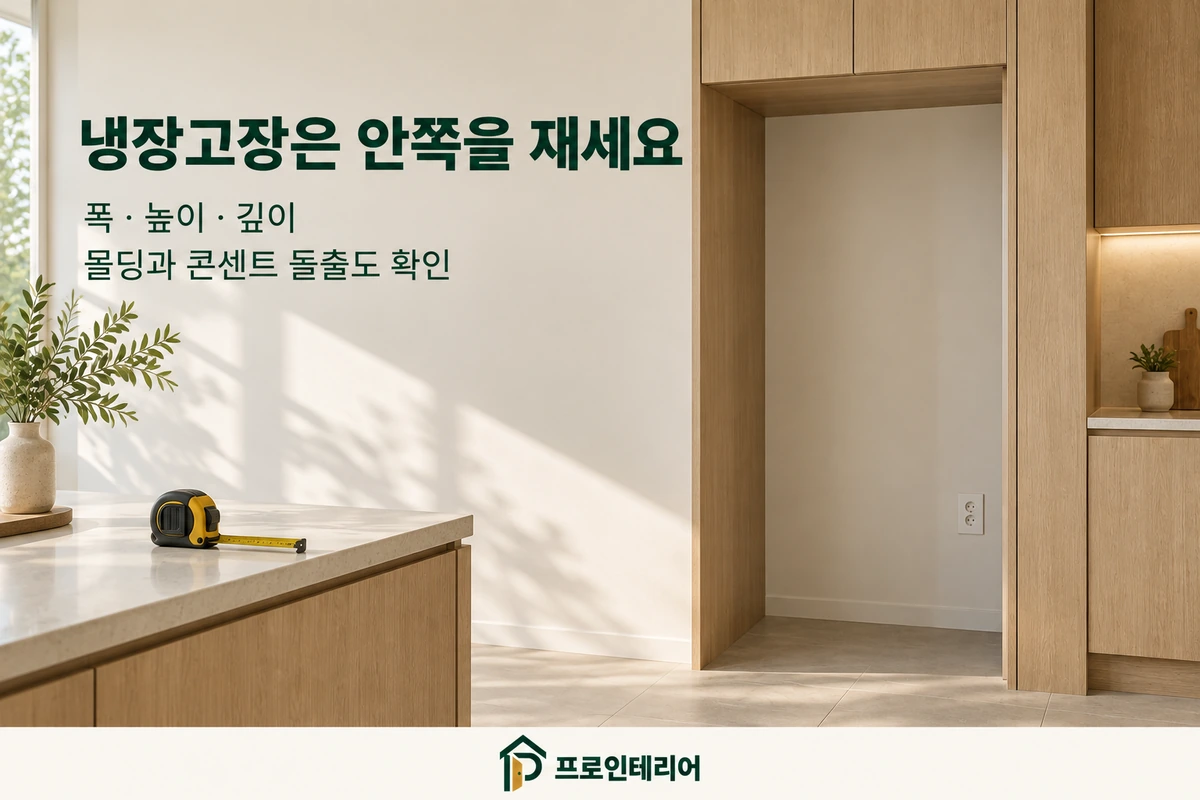 비어 있는 냉장고장과 줄자가 놓인 주방의 안쪽 폭·높이·깊이 실측 안내