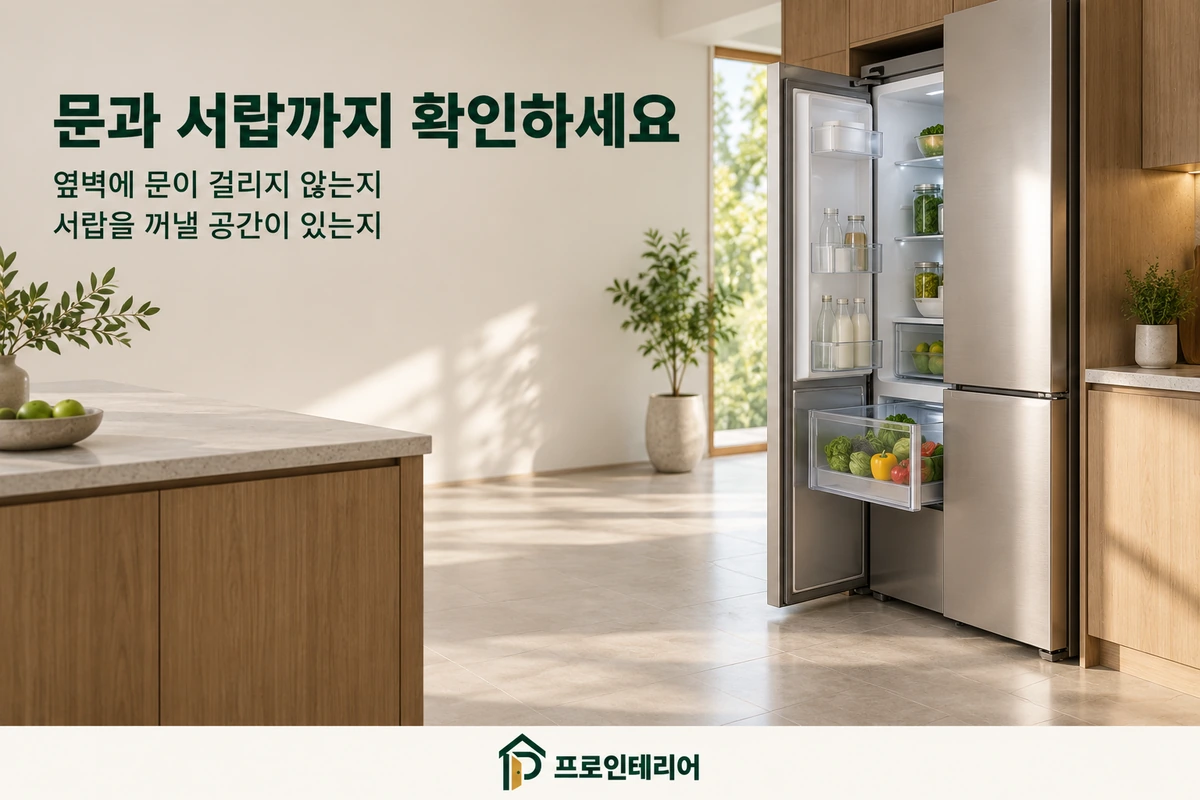 문과 서랍을 연 냉장고와 옆벽 간섭·서랍 인출 공간 확인 안내