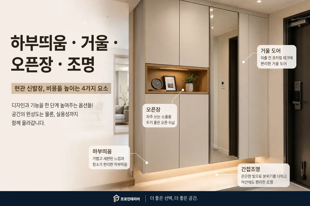현관 신발장의 하부 띄움 거울 도어 중간 오픈장 간접조명 구성을 보여주는 이미지