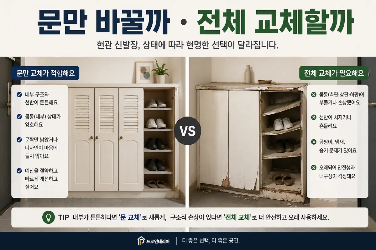신발장 문만 노후된 상태와 몸통 선반까지 손상된 상태를 비교하는 이미지