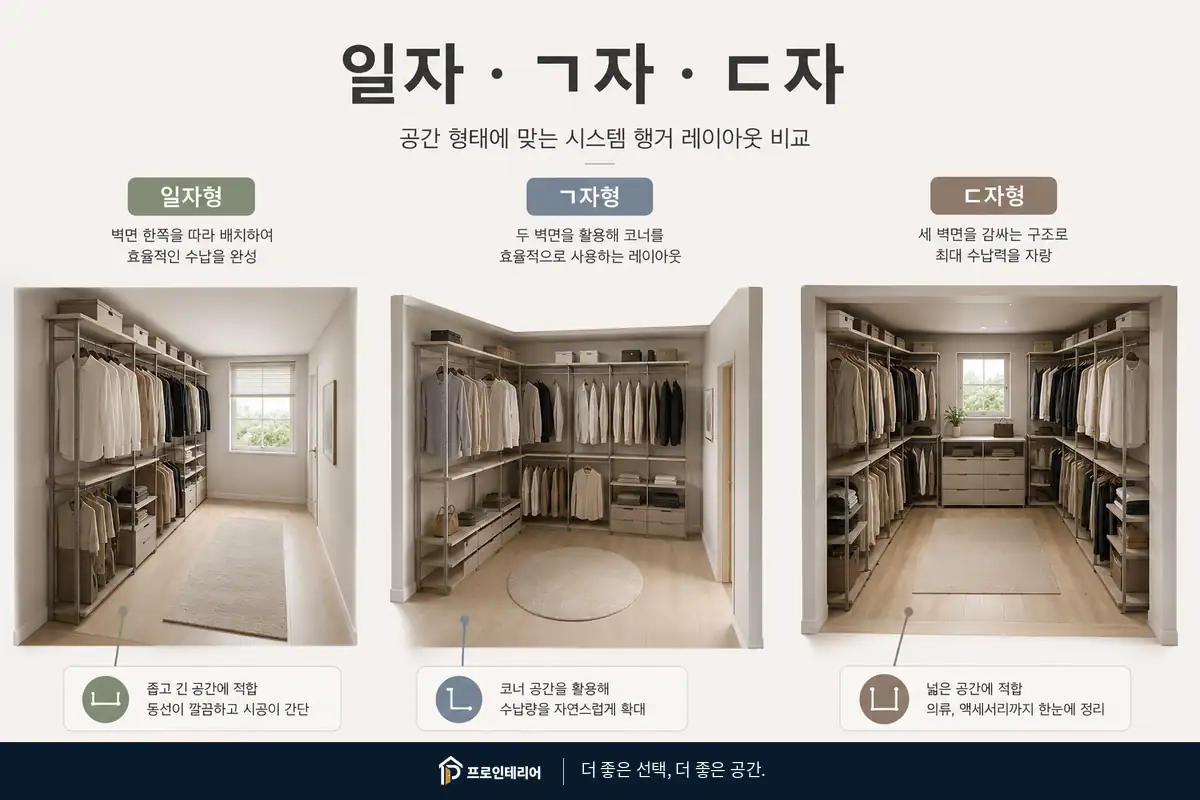 일자형 ㄱ자형 ㄷ자형 시스템행거 배치와 수납량 차이를 비교하는 이미지