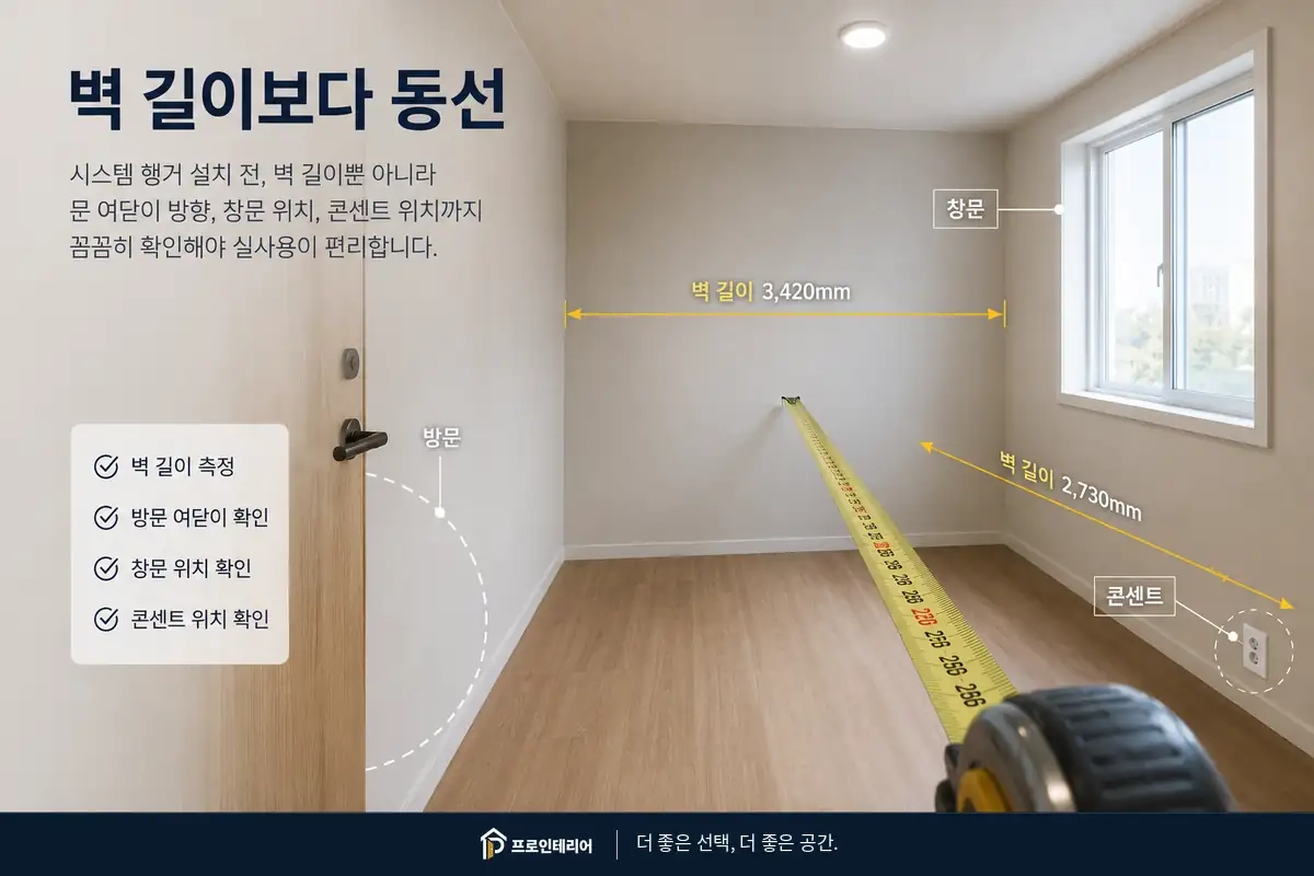 드레스룸 시스템행거 설치 전 벽 길이와 방문 창문 콘센트 위치를 실측하는 모습