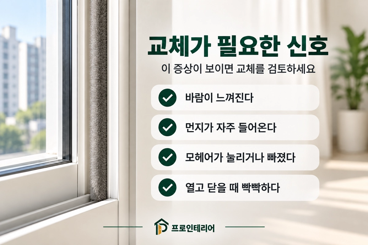 샷시 모헤어가 눌리거나 털이 빠져 교체가 필요한 신호를 정리한 이미지