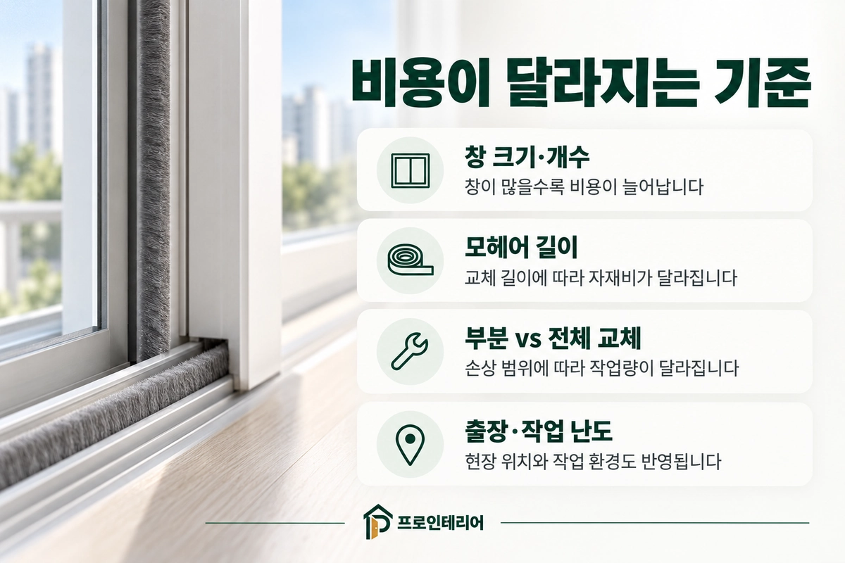 샷시 모헤어 교체 비용과 함께 확인할 창짝 수와 수리 범위를 정리한 이미지